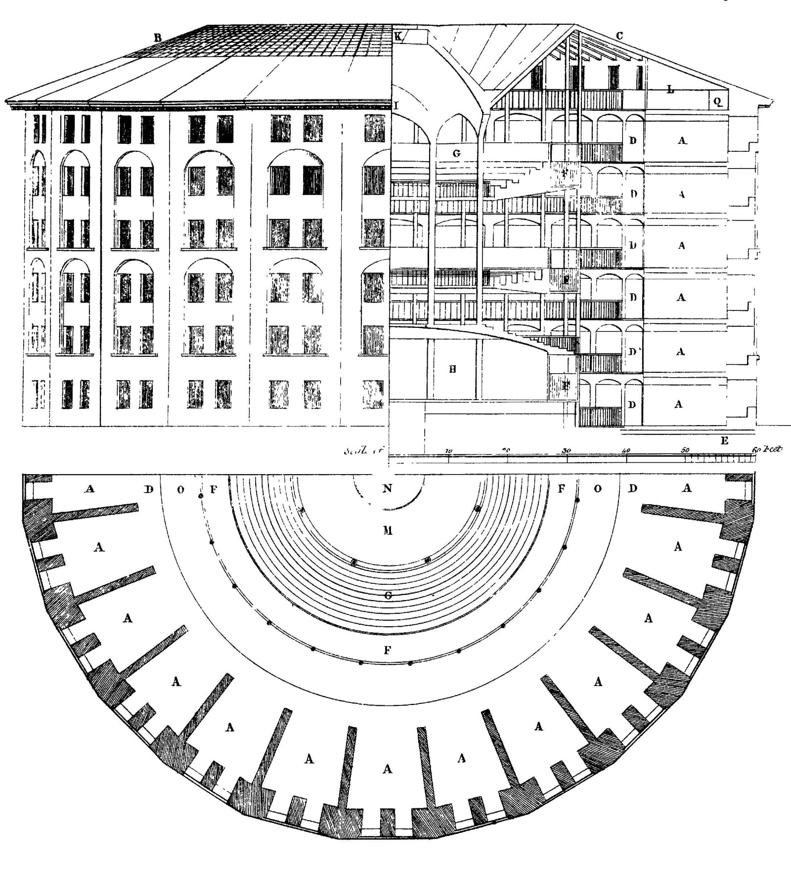 Panopticon prison drawn by Willey Reveley